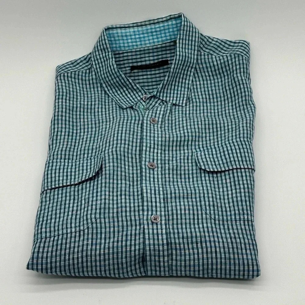Men's Elie Tahari DAVE PLAID Teal 100% LINEN BUTTON UP SHIRT Size Large
